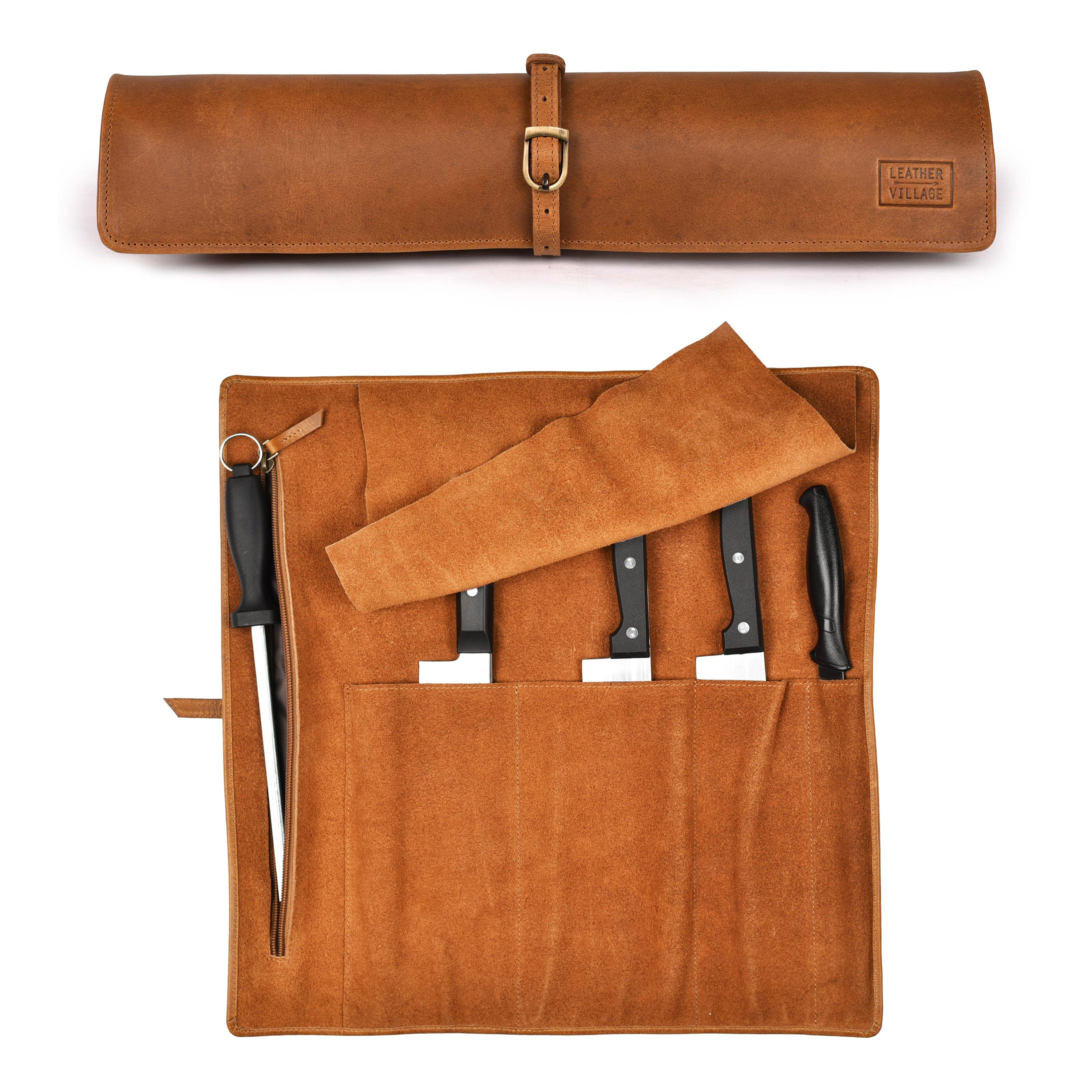 Genuine Leather Knife Roll Bag – Professional Chef Carrying Case, Durable Sheath Holder, Cooks & Culinary Tools Organizer, Portable Travel Storage with 4 Slots & Zipper