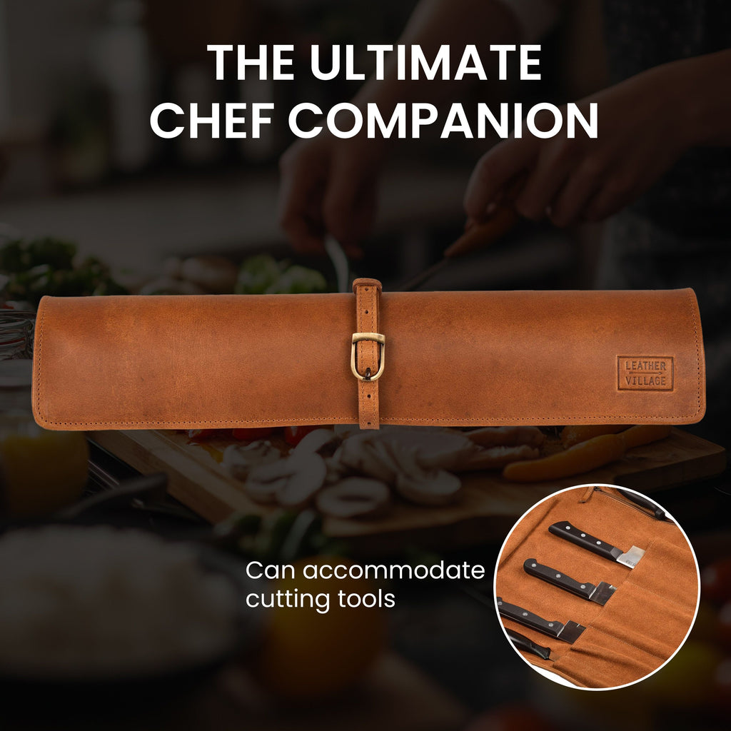 Leather Village genuine leather chef knife storage roll case