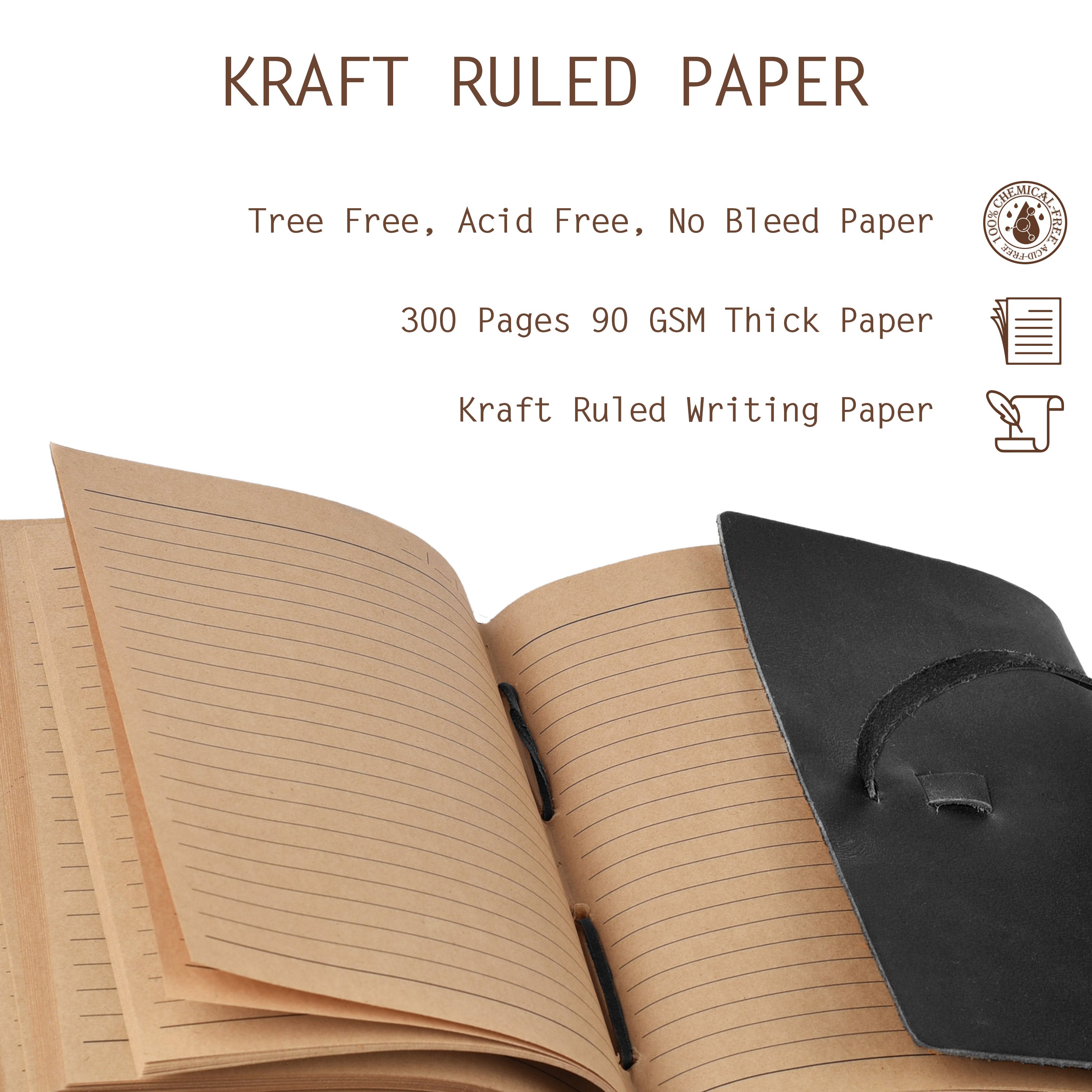 Leather Journal Writing Notebook - Lined Paper 300 Kraft Pages, Rustic Brown - Handmade Genuine Leather Bound Daily Notepad for Men &amp; Women</p>