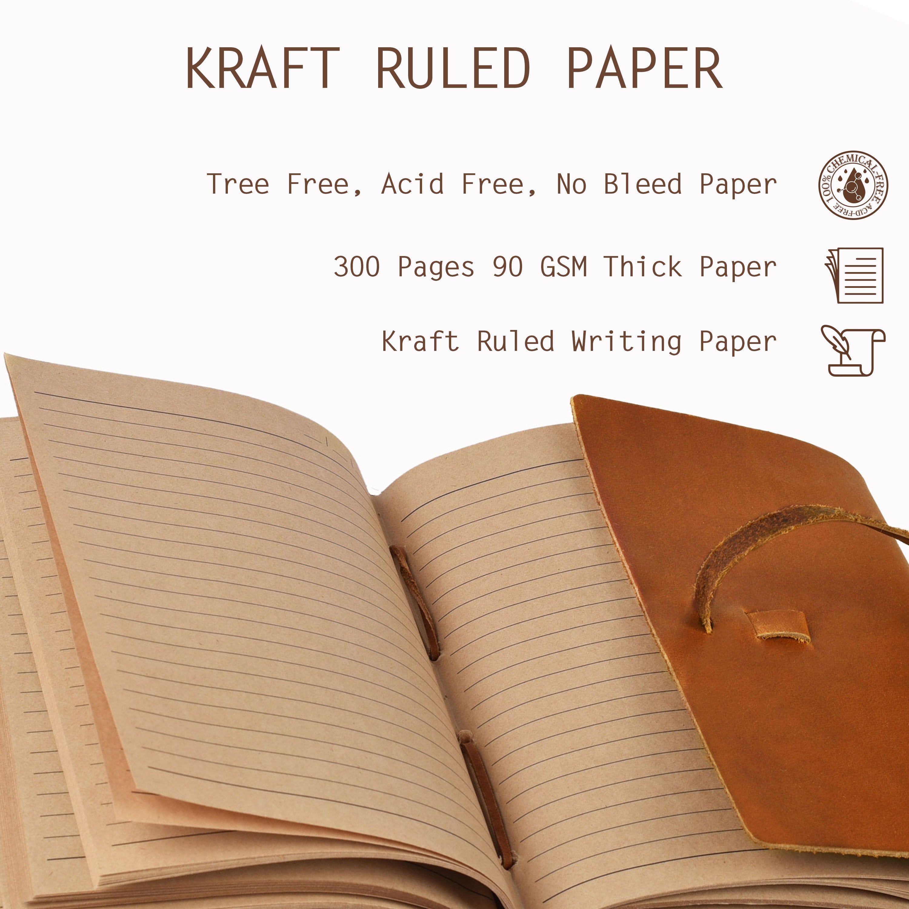 Leather Journal Writing Notebook - Lined Paper 300 Kraft Pages, Rustic Brown - Handmade Genuine Leather Bound Daily Notepad for Men &amp; Women</p>