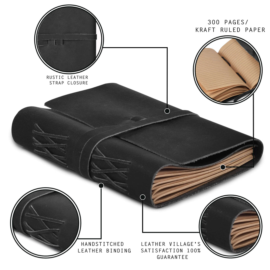 Leather Journal Writing Notebook - Lined Paper 300 Kraft Pages, Rustic Brown - Handmade Genuine Leather Bound Daily Notepad for Men &amp; Women</p>