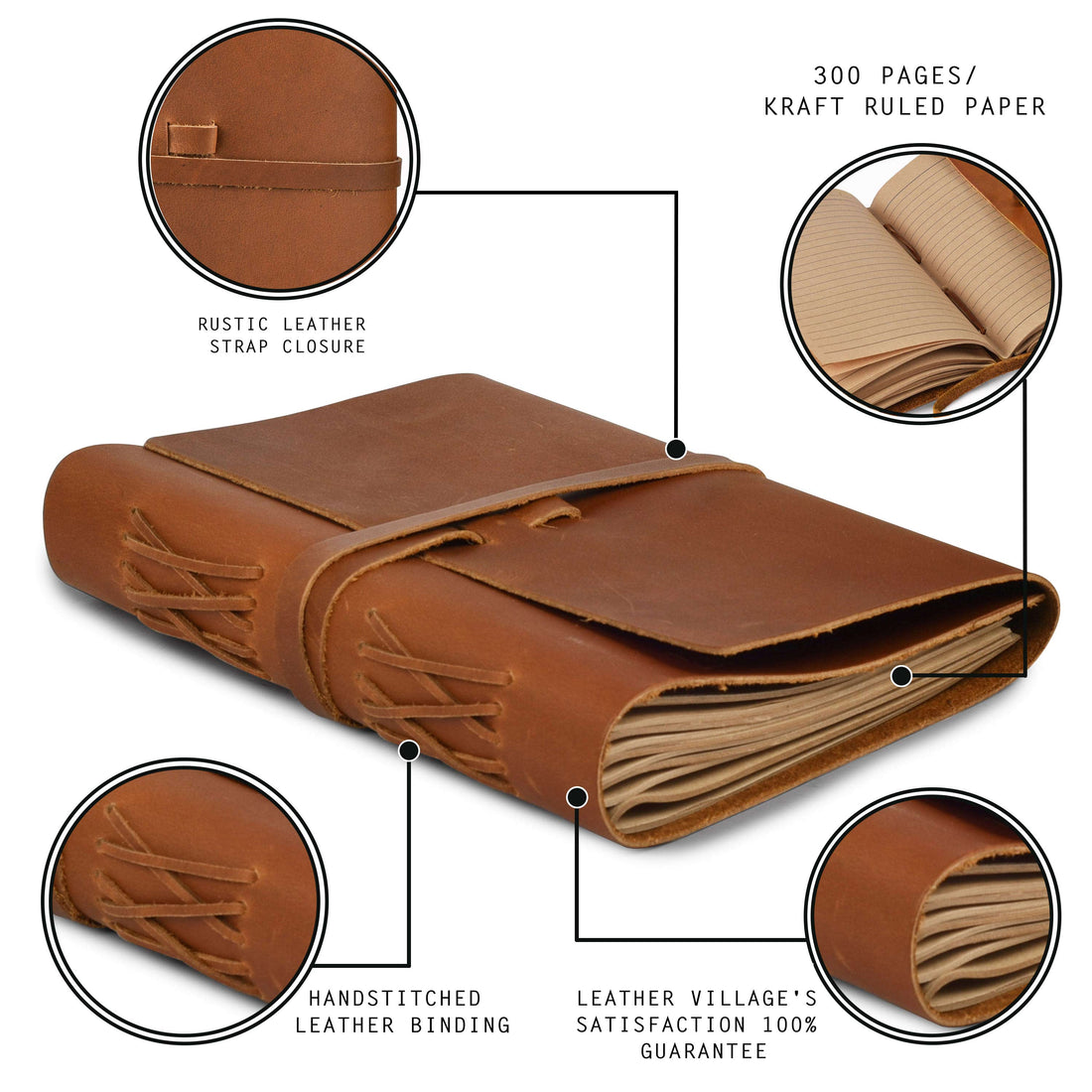 Leather Journal Writing Notebook - Lined Paper 300 Kraft Pages, Rustic Brown - Handmade Genuine Leather Bound Daily Notepad for Men &amp; Women</p>