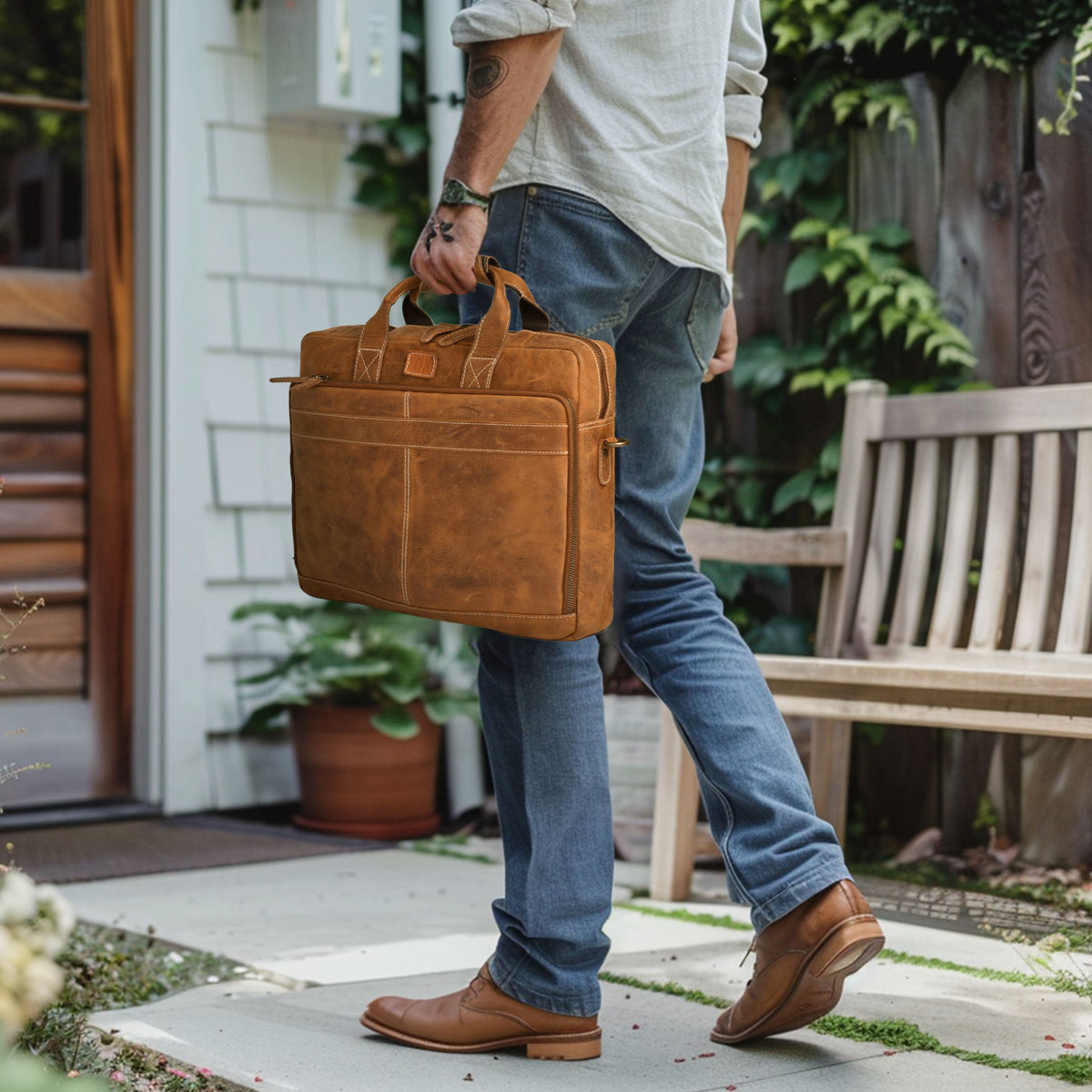 LEATHER VILLAGE 16" Leather Laptop Messenger Briefcase Bag for Men-Brown-Leather Satchel for Travel and Office Shoulder Bag