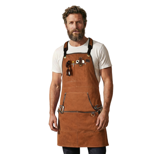 Tan Leather Tool Apron – Suede Leather Bib Apron for Woodworking