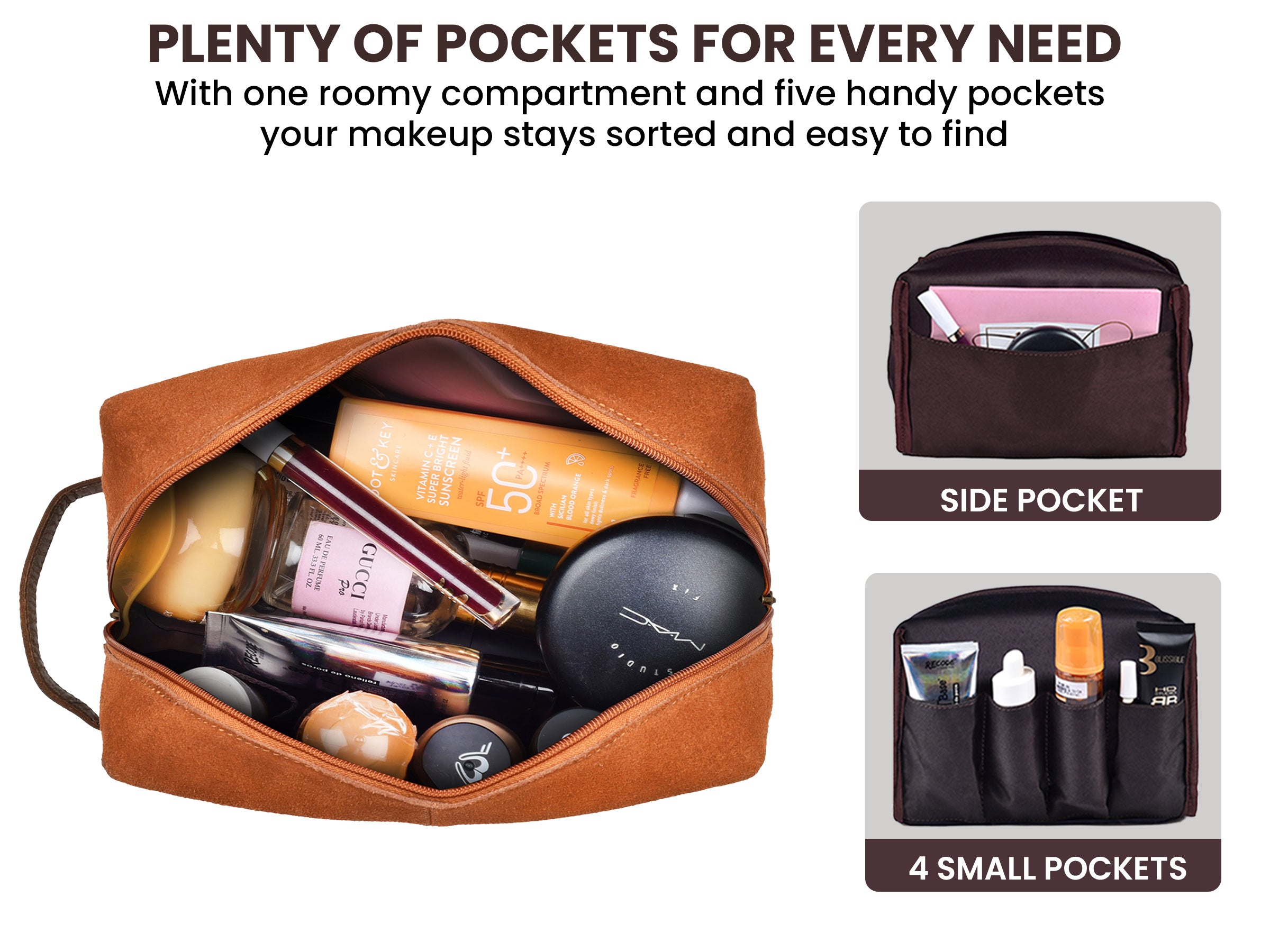 Travel Makeup Bag for Women – Large Capacity Suede Leather Cosmetic Pouch with Handle, Inner Pockets & Wide Opening – Flat Open Toiletry Organizer for Travel & Daily Use