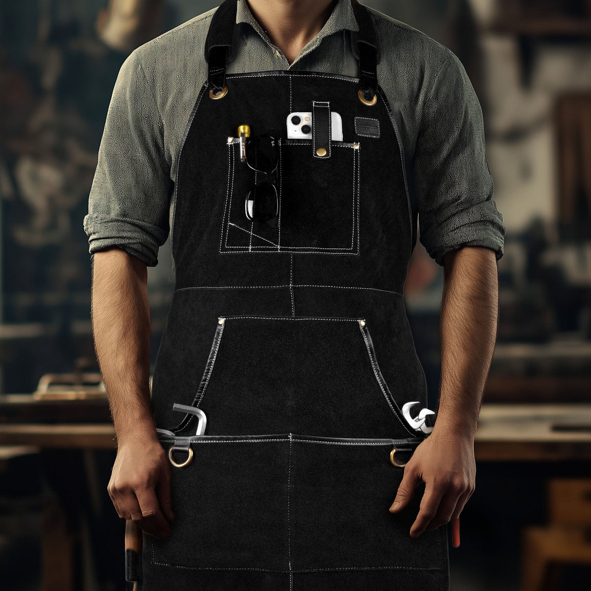 LEATHER VILLAGE Work Apron - Heavy Duty Woodworking Apron for Men with Tool Pockets for Woodworkers, Blacksmiths, Carpenters – Black Color (Size M to XXL)