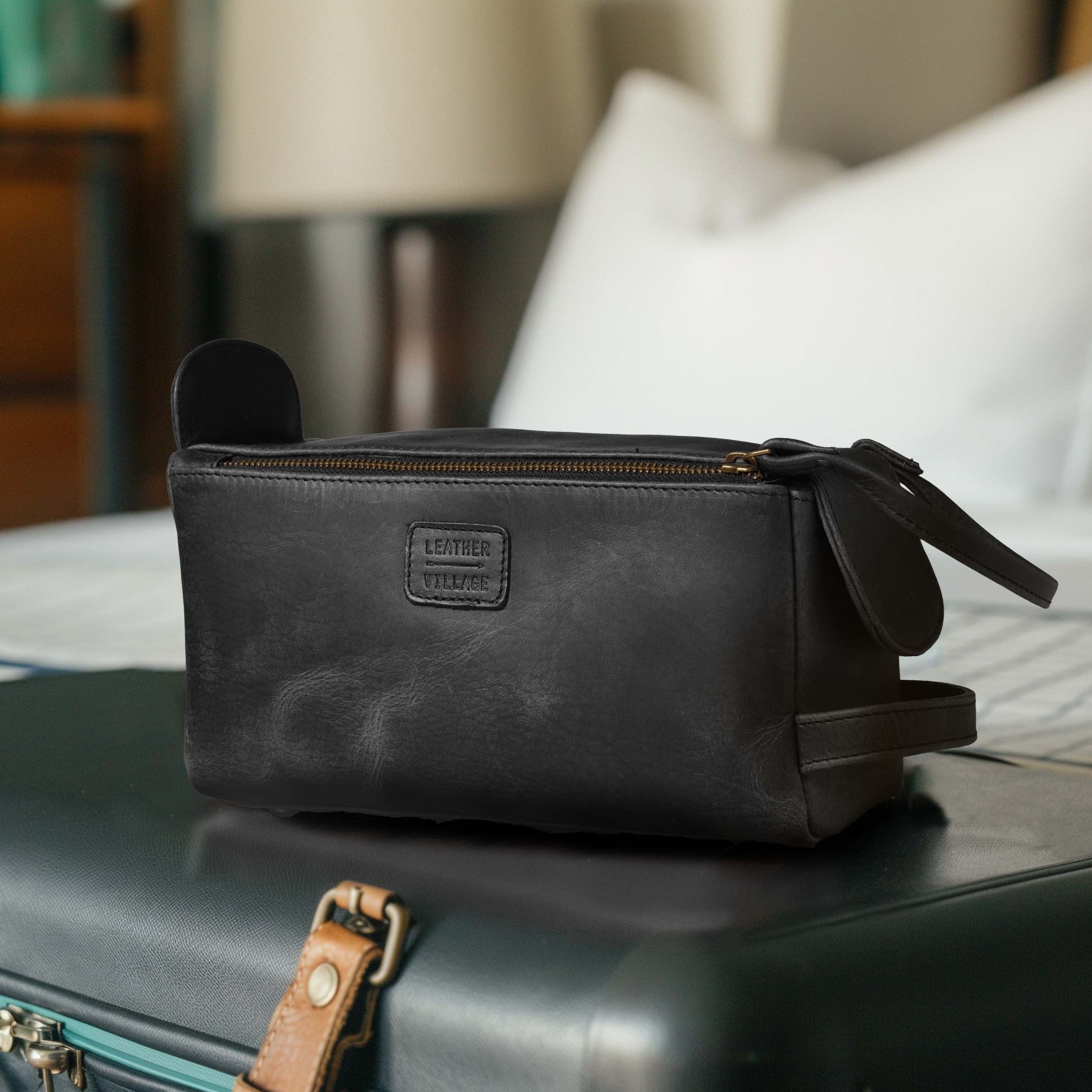 Leather Toiletry Bag for Travel - Black