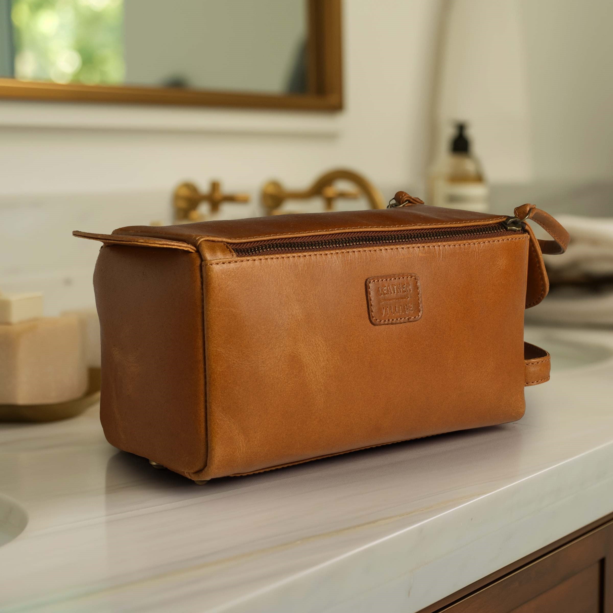 Leather Toiletry Bag for Travel - Tan