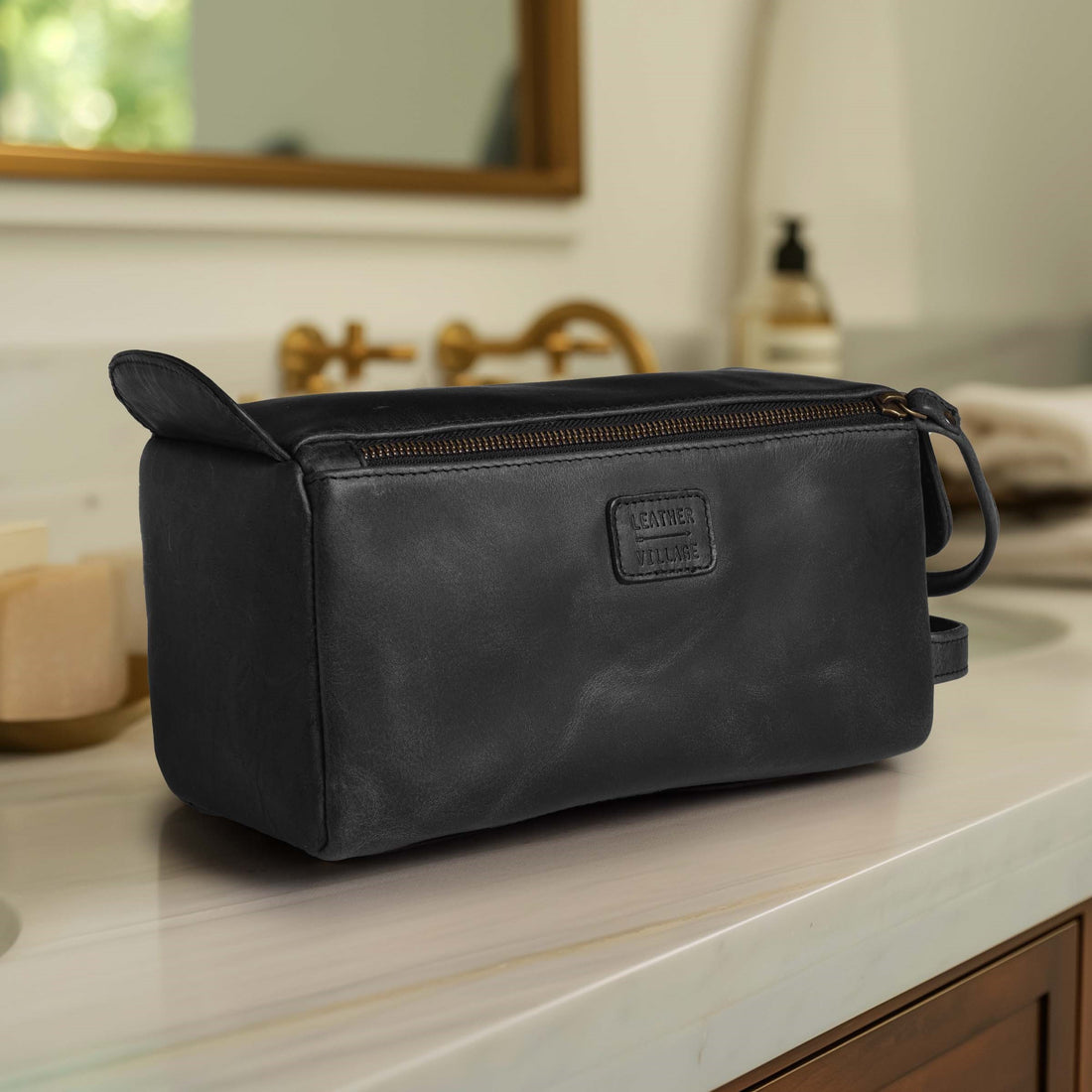 Leather Toiletry Bag for Travel - Black