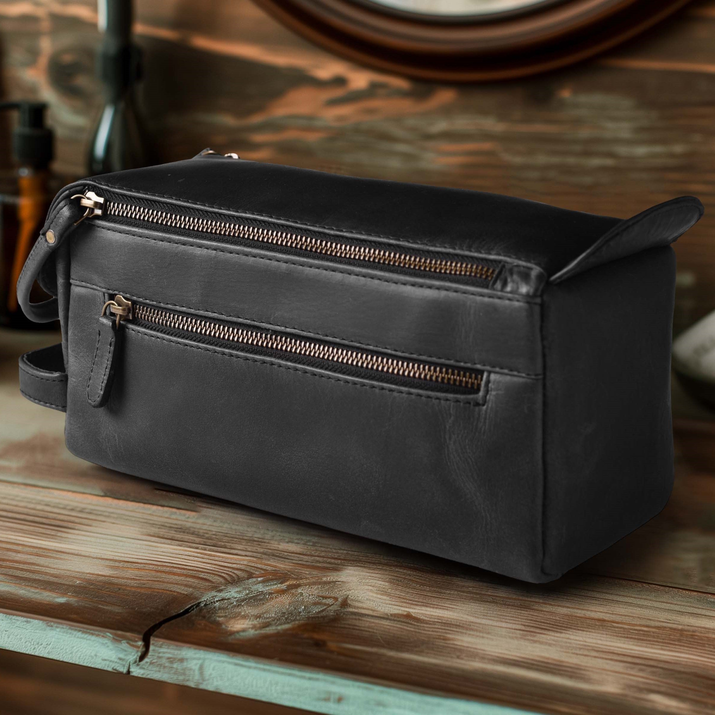 Leather Toiletry Bag for Travel - Black