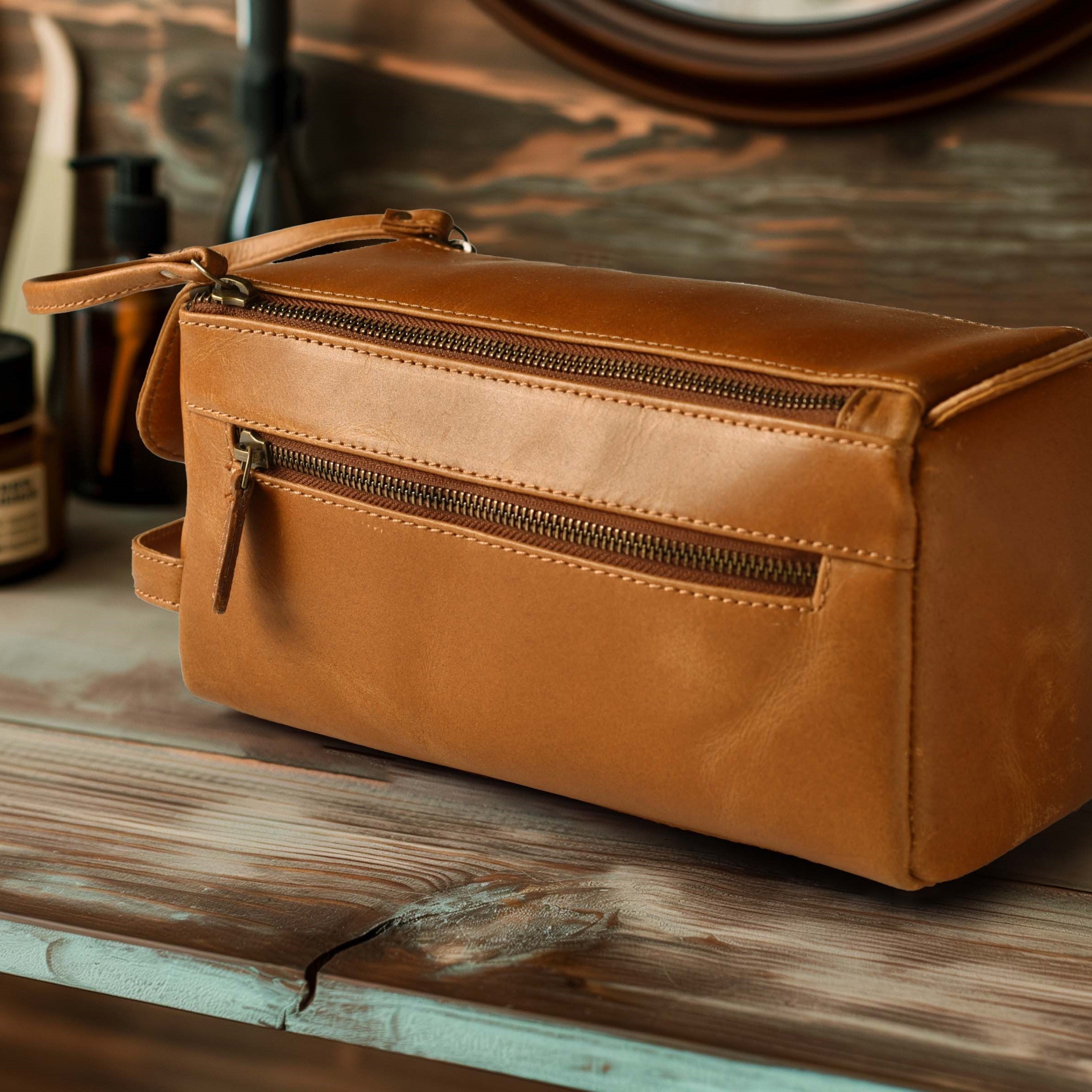 Leather Toiletry Bag for Travel - Tan