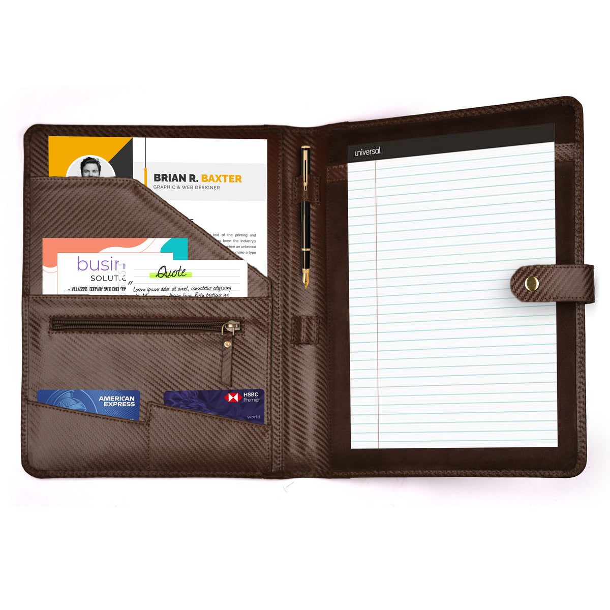 Portfolio Professional Organizer – Carbon Leather Padfolio Resume Folder for A4 Letter Pad with Pen Holder, Business Card Slots & Writing Pad – Ideal for Men & Women