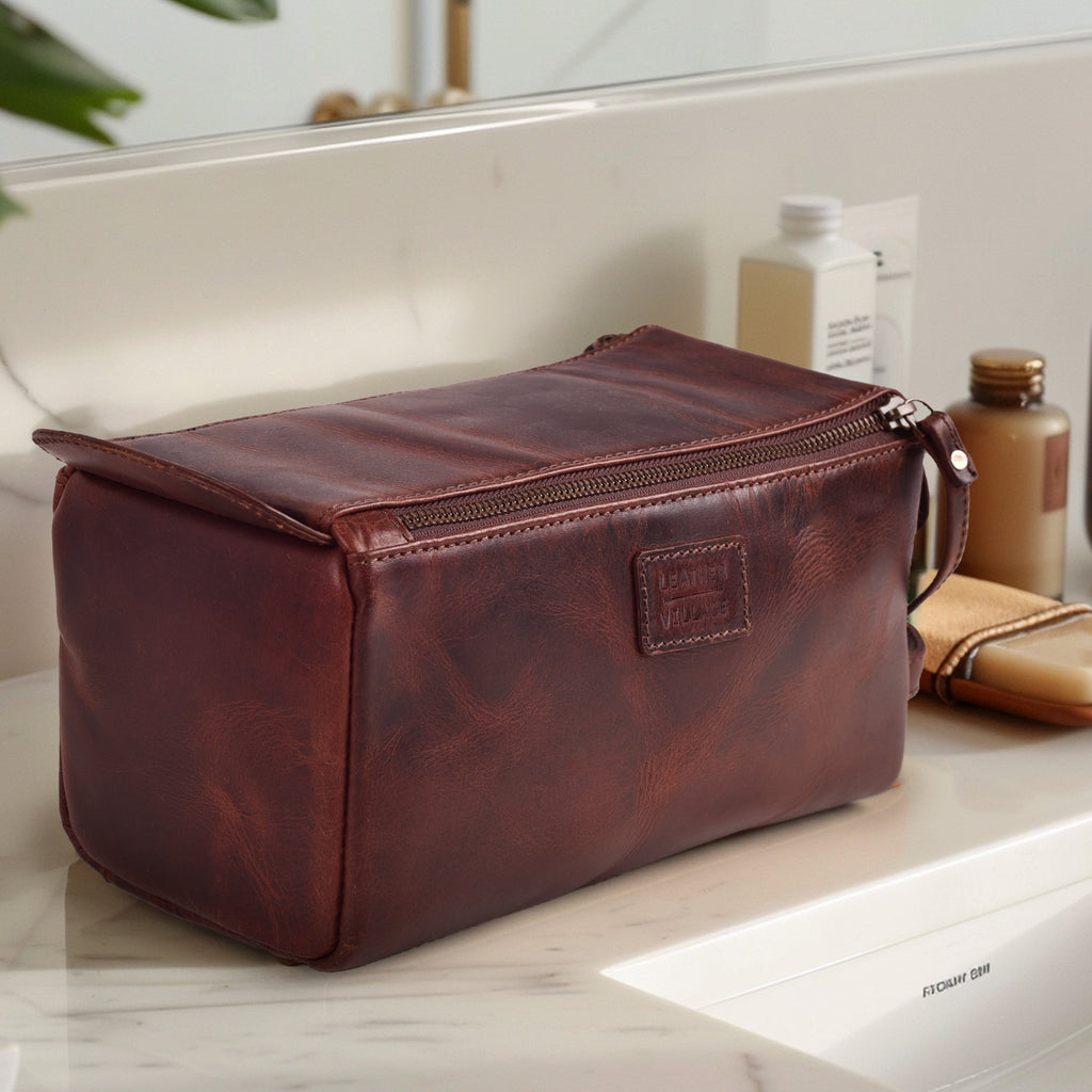 Leather Toiletry Bag for Travel - Cherry