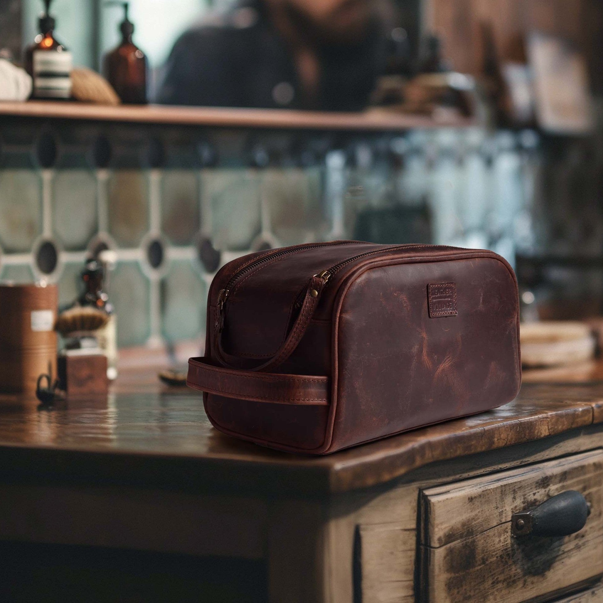 Cherry Leather Toiletry Bag for Travel