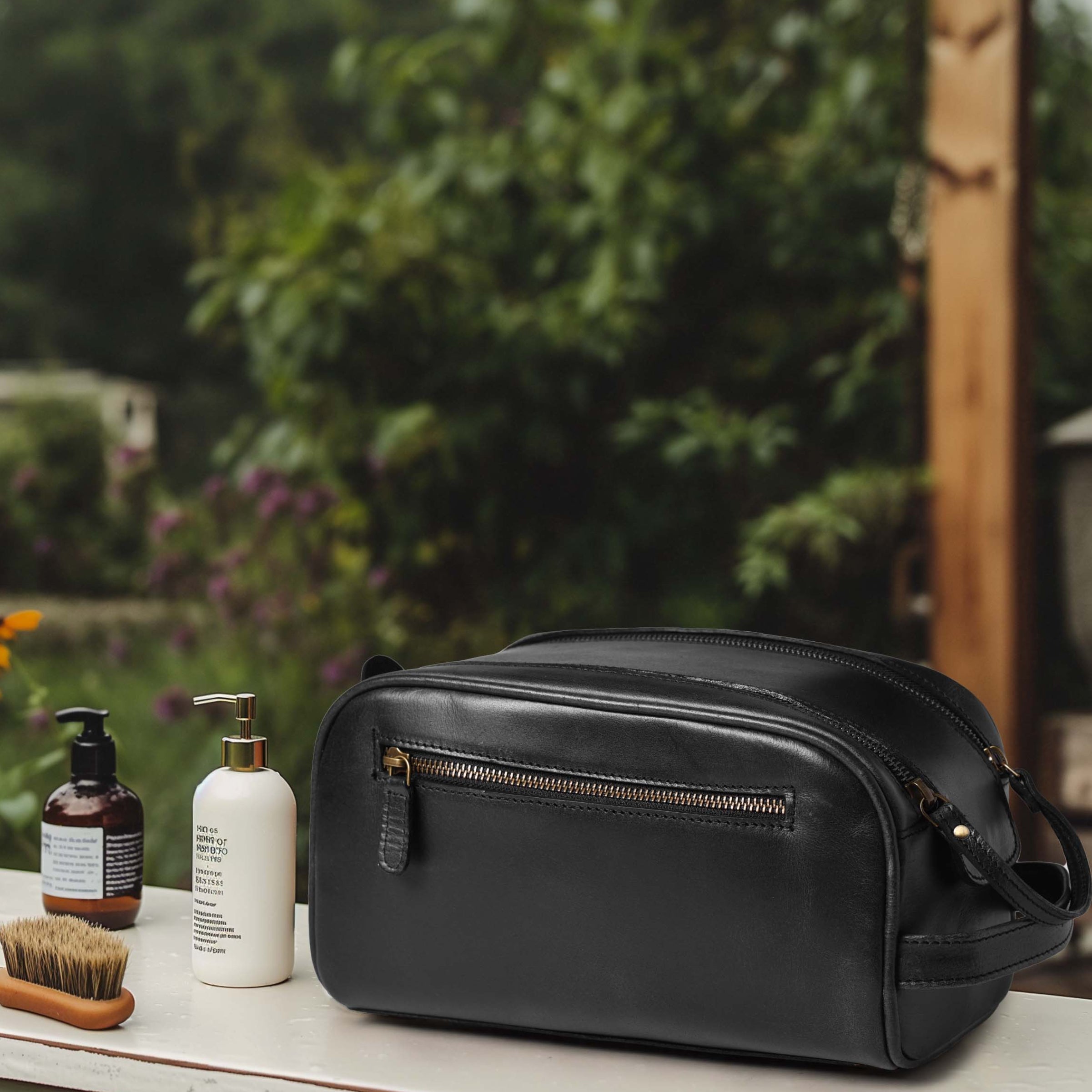 Black Leather Toiletry Bag for Travel