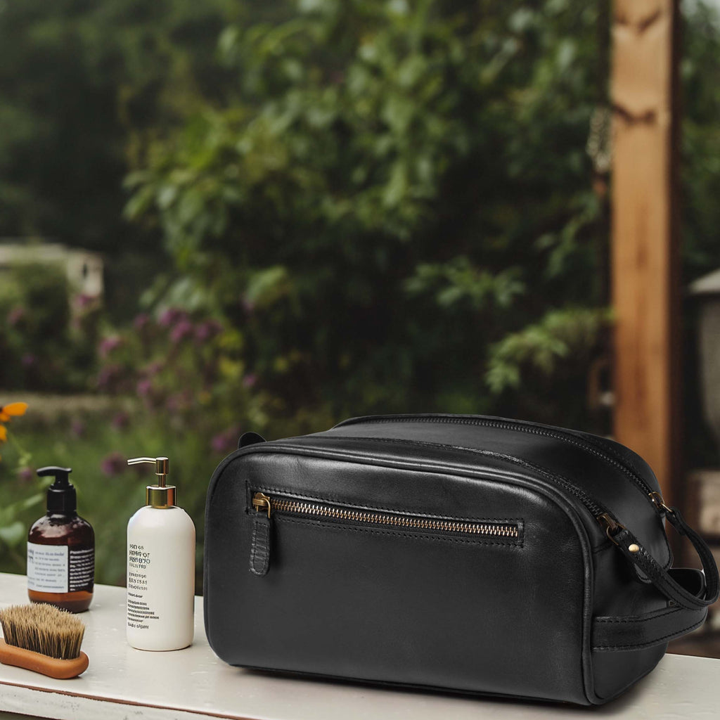 Black Leather Toiletry Bag for Travel