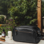 Black Leather Toiletry Bag for Travel