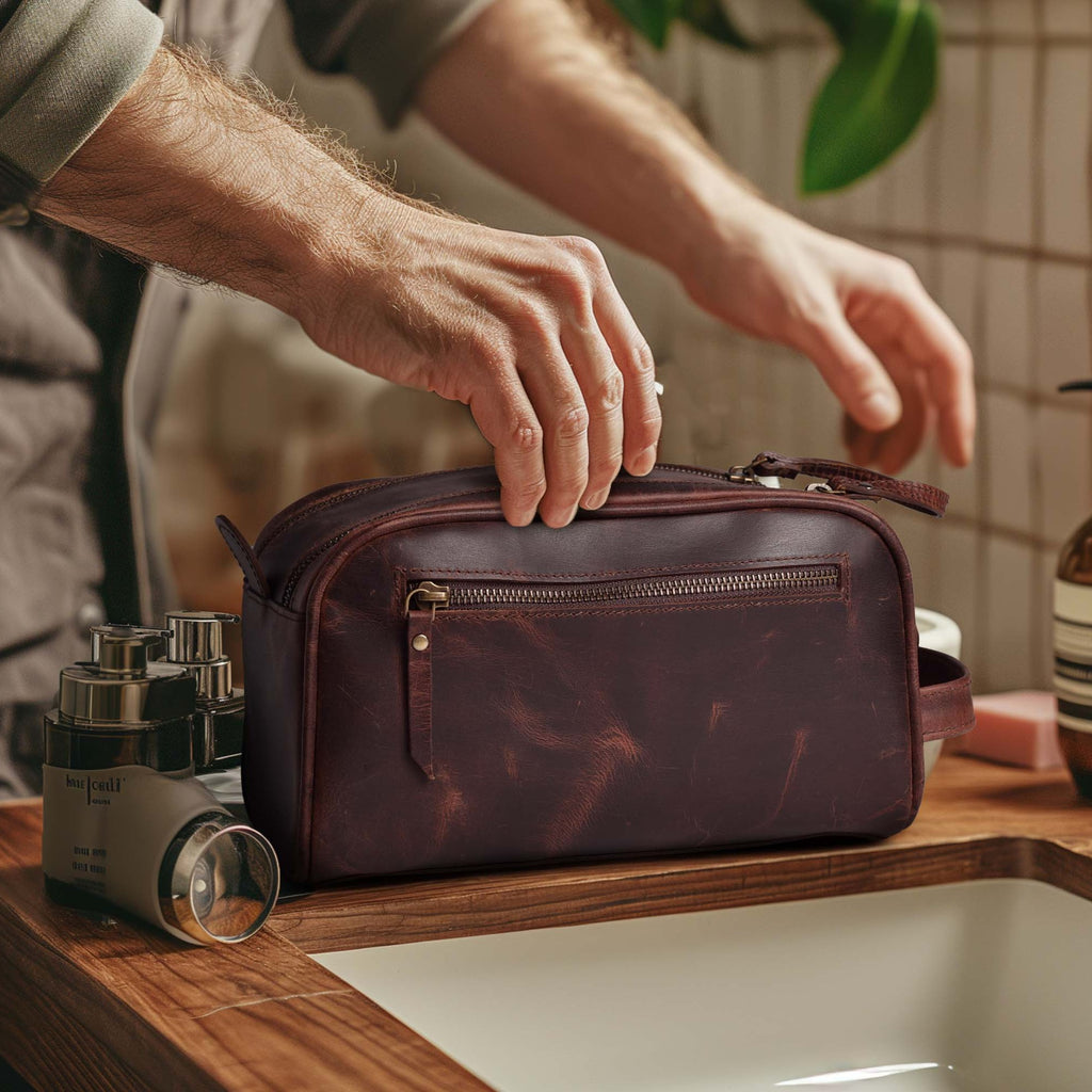 Cherry Leather Toiletry Bag for Travel