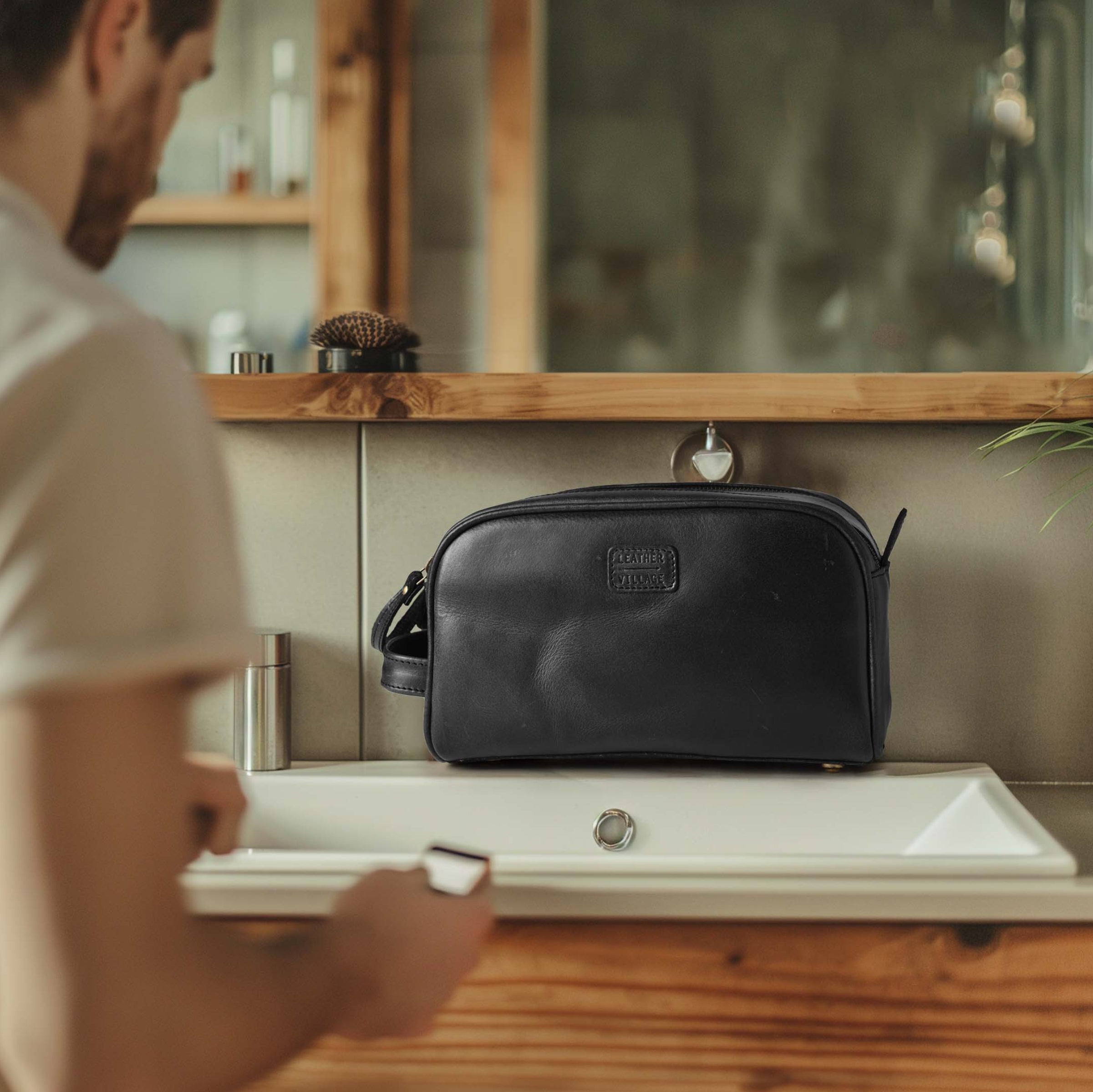 Black Leather Toiletry Bag for Travel