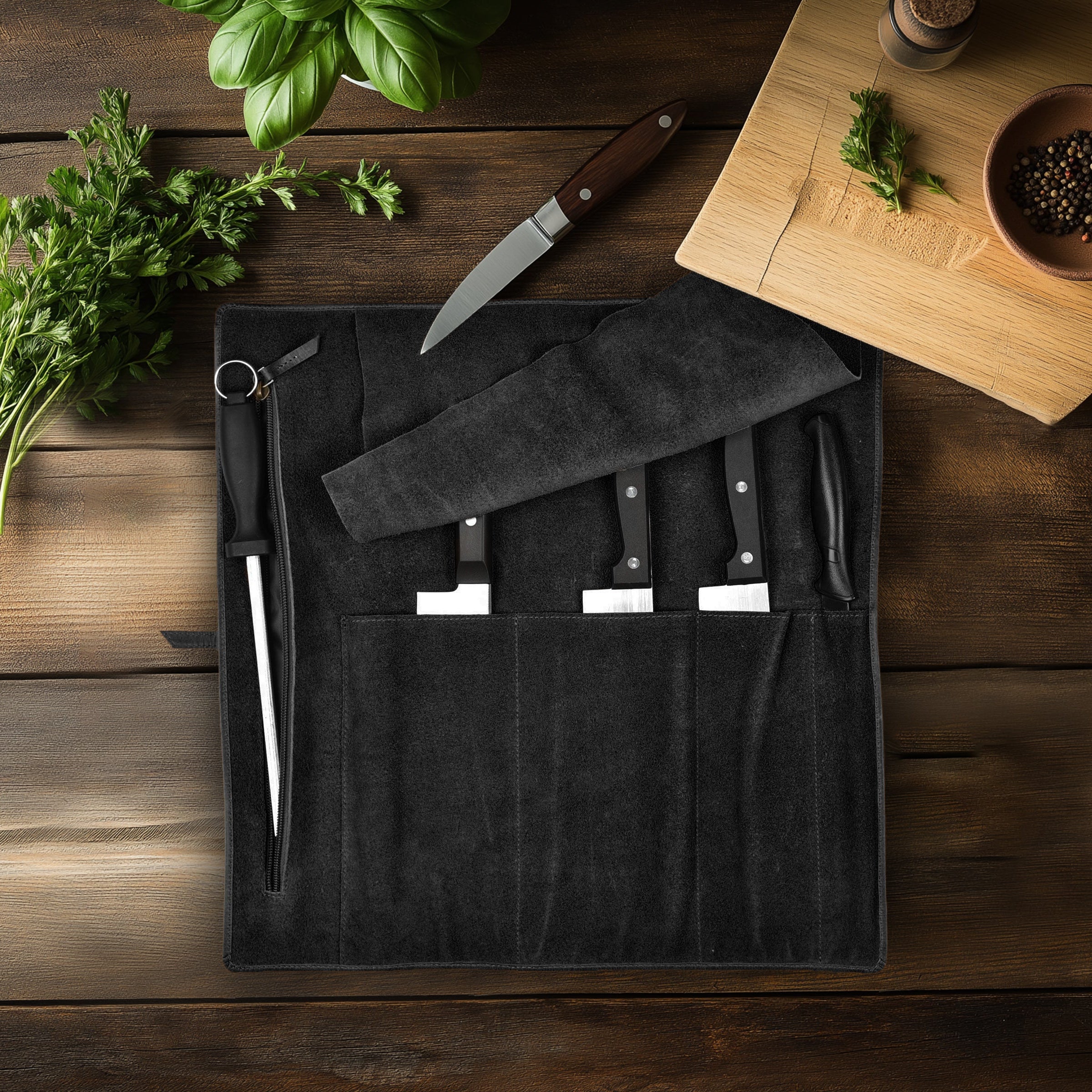 Genuine Leather Knife Roll Bag – Professional Chef Carrying Case, Durable Sheath Holder, Cooks & Culinary Tools Organizer, Portable Travel Storage with 4 Slots & Zipper
