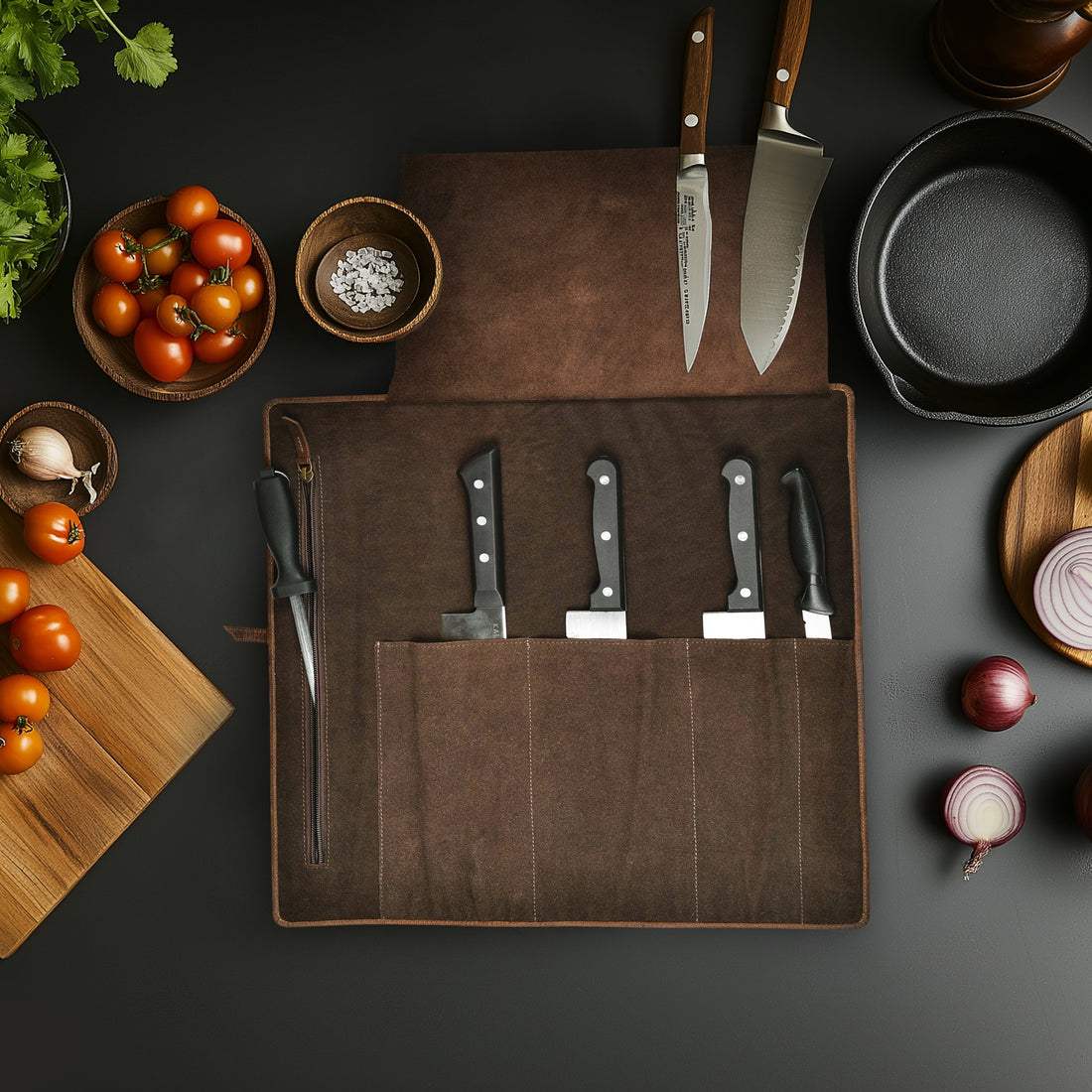 Genuine Leather Knife Roll Bag – Professional Chef Carrying Case, Durable Sheath Holder, Cooks & Culinary Tools Organizer, Portable Travel Storage with 4 Slots & Zipper