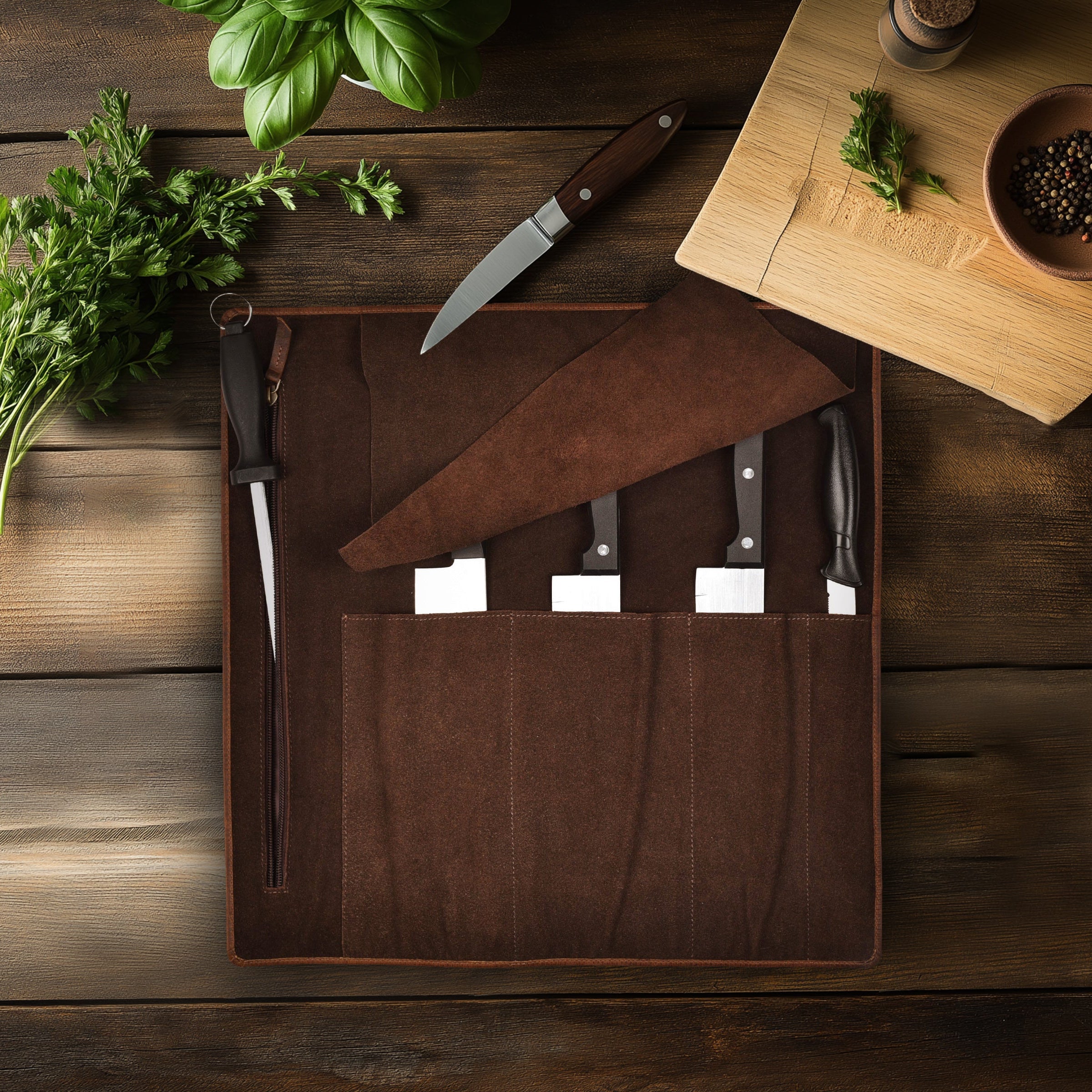 Genuine Leather Knife Roll Bag – Professional Chef Carrying Case, Durable Sheath Holder, Cooks & Culinary Tools Organizer, Portable Travel Storage with 4 Slots & Zipper