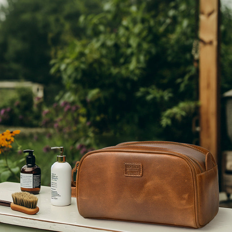 Leather Toiletry Bag for Men, Travel Essentials Shaving Dopp Kit, Mens Travel Bag Toiletries Organizer Case for Grooming, Water Resistant Cosmetic Bag Pouch
