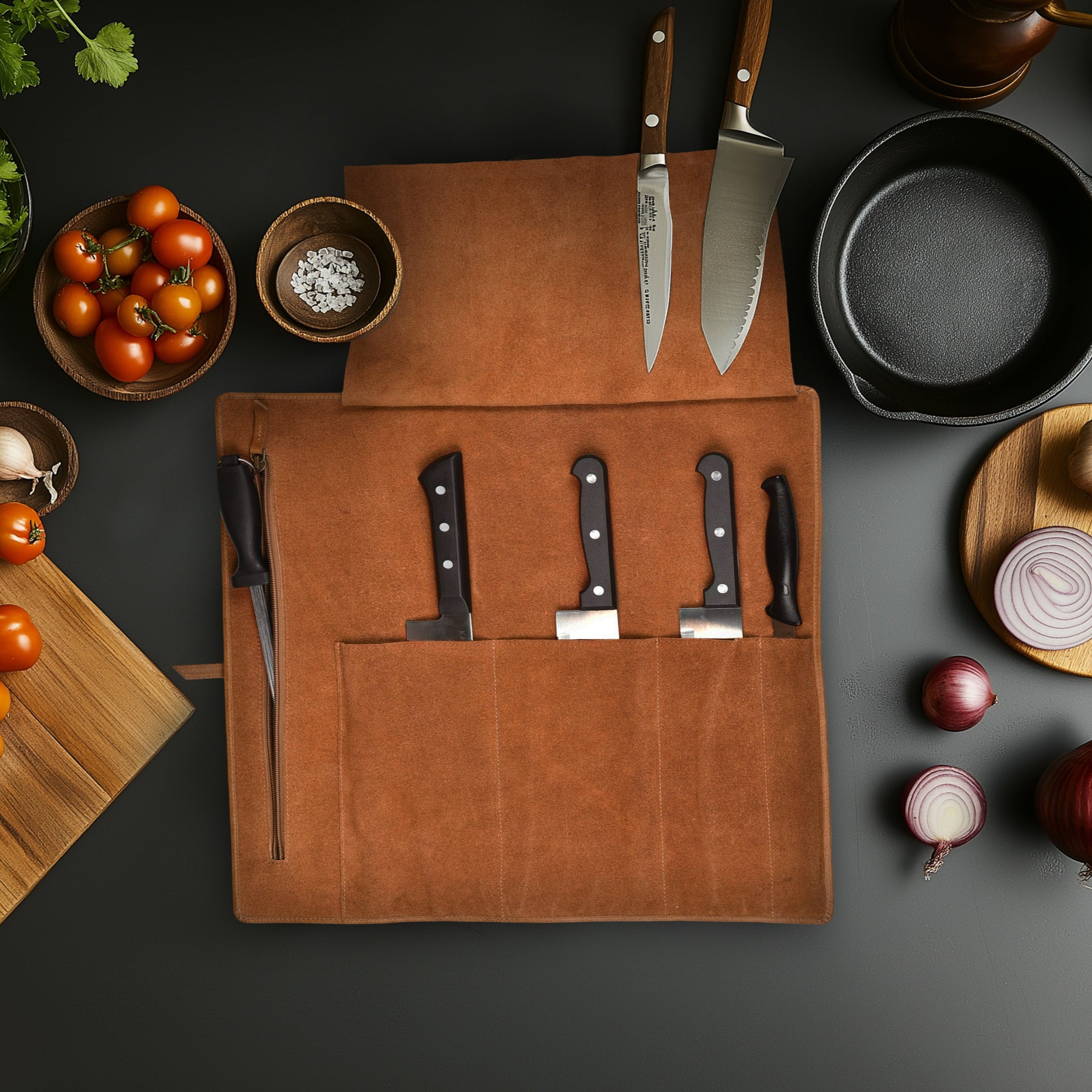 Genuine Leather Knife Roll Bag – Professional Chef Carrying Case, Durable Sheath Holder, Cooks & Culinary Tools Organizer, Portable Travel Storage with 4 Slots & Zipper
