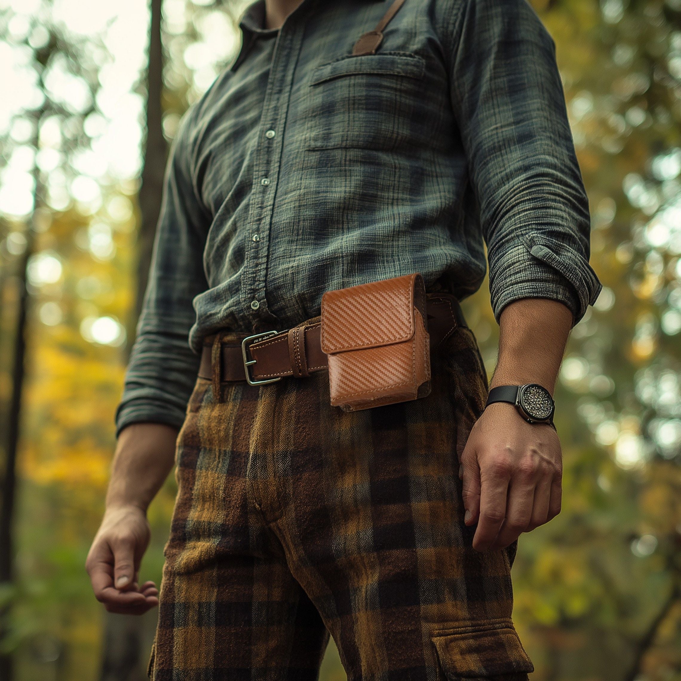 Carbon Fiber Leather Flip Phone Holster - Tan