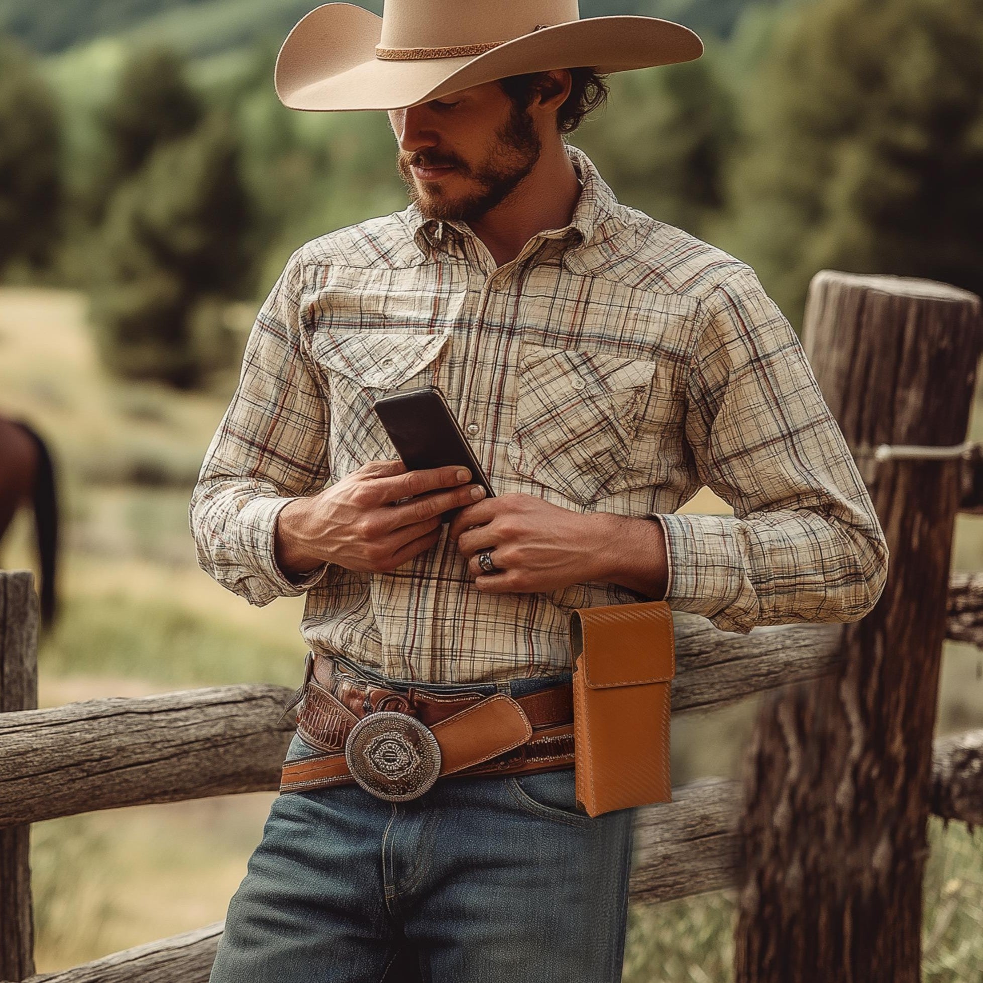 Genuine Carbon Leather Phone Holster - Tan