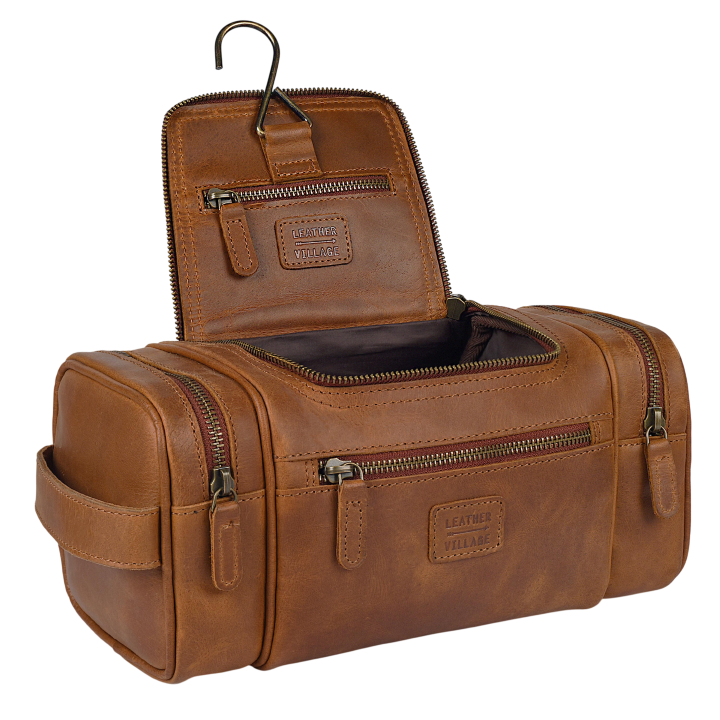 Leather Village Tan Leather Hanging Toiletry Bag for Men and Travelers