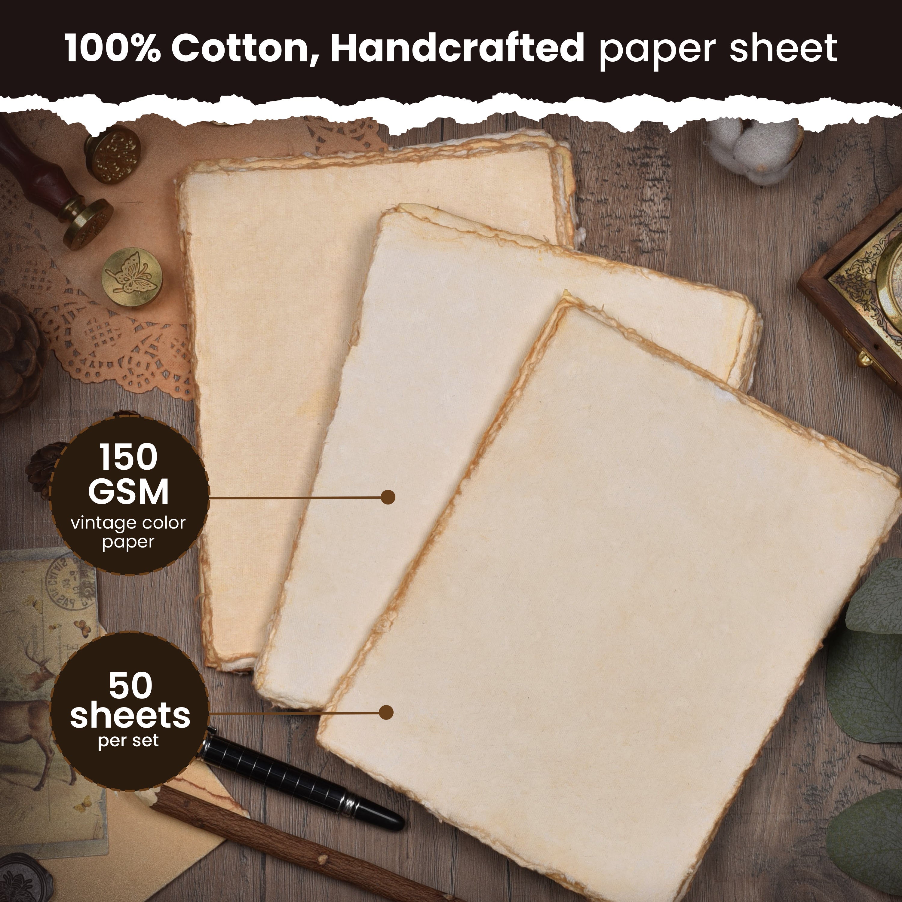 WATERCOLOR PAPER - 150 GSM THICK DECKLE EDGE PAPER - 50 SHEETS COTTON HANDMADE PAPER