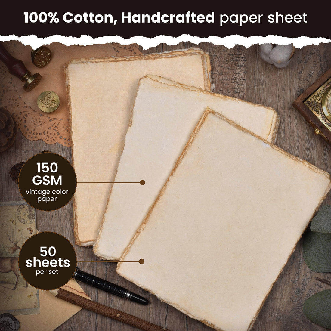 WATERCOLOR PAPER - 150 GSM THICK DECKLE EDGE PAPER - 50 SHEETS COTTON HANDMADE PAPER