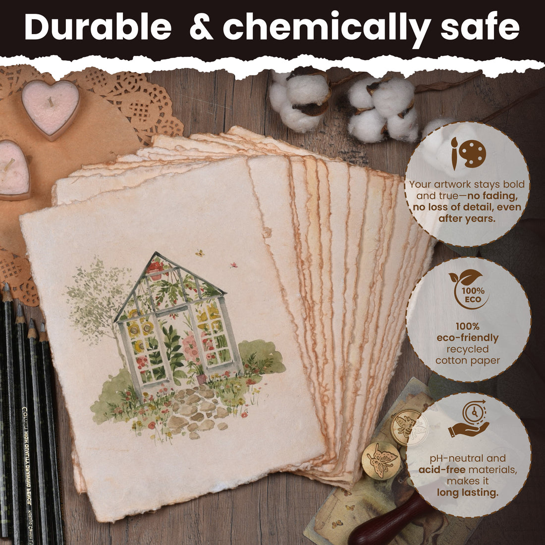 WATERCOLOR PAPER - 150 GSM THICK DECKLE EDGE PAPER - 50 SHEETS COTTON HANDMADE PAPER