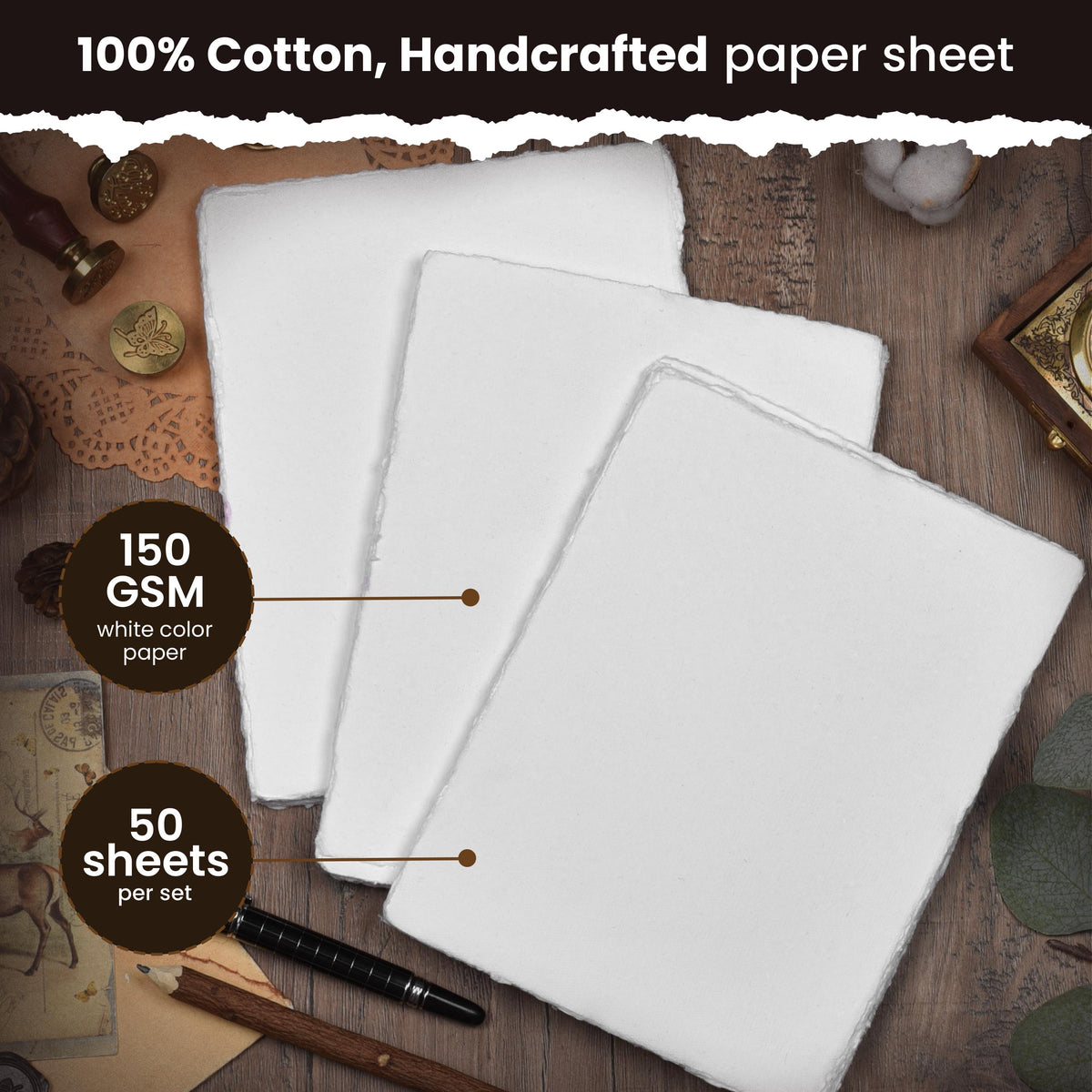 WATERCOLOR PAPER - 150 GSM THICK DECKLE EDGE PAPER - 50 SHEETS COTTON HANDMADE PAPER