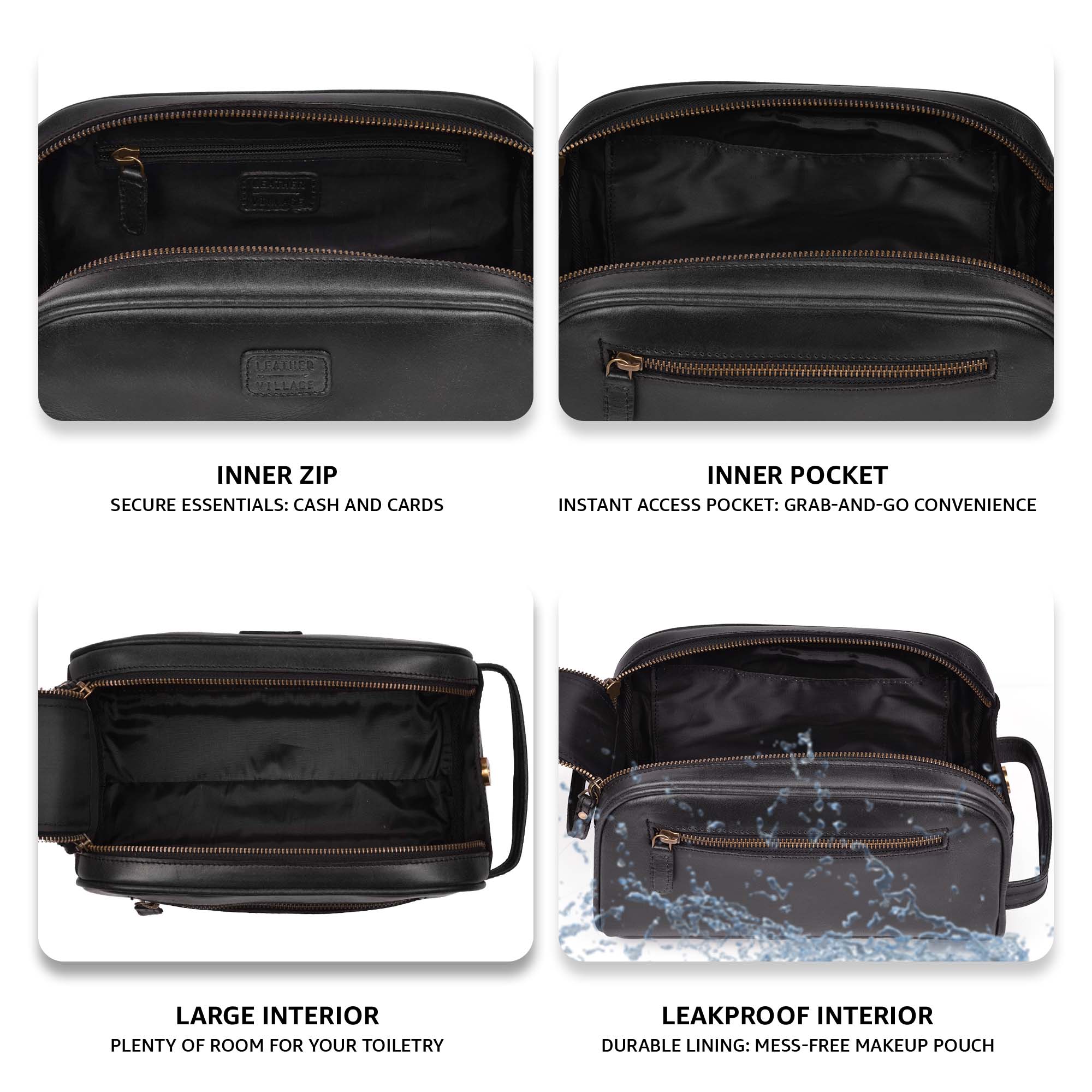 Black Leather Toiletry Bag for Travel