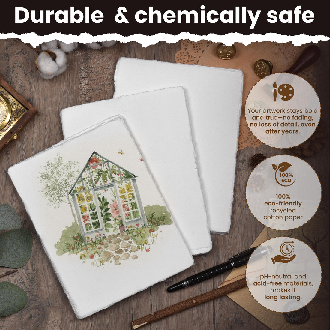 WATERCOLOR PAPER - 150 GSM THICK DECKLE EDGE PAPER - 50 SHEETS COTTON HANDMADE PAPER