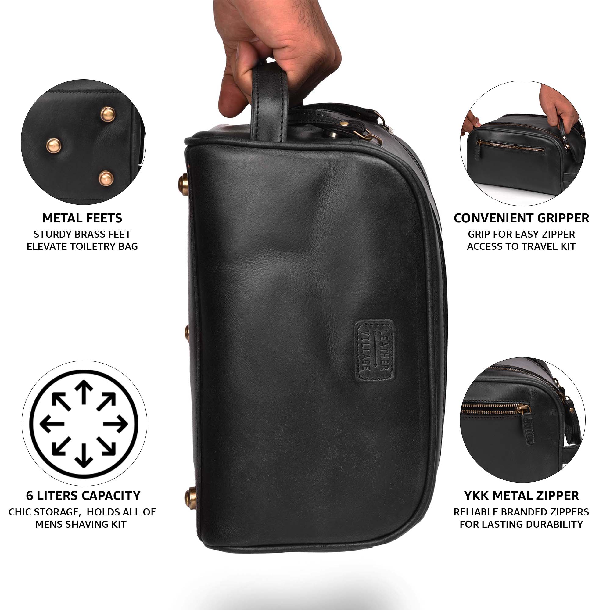 Black Leather Toiletry Bag for Travel