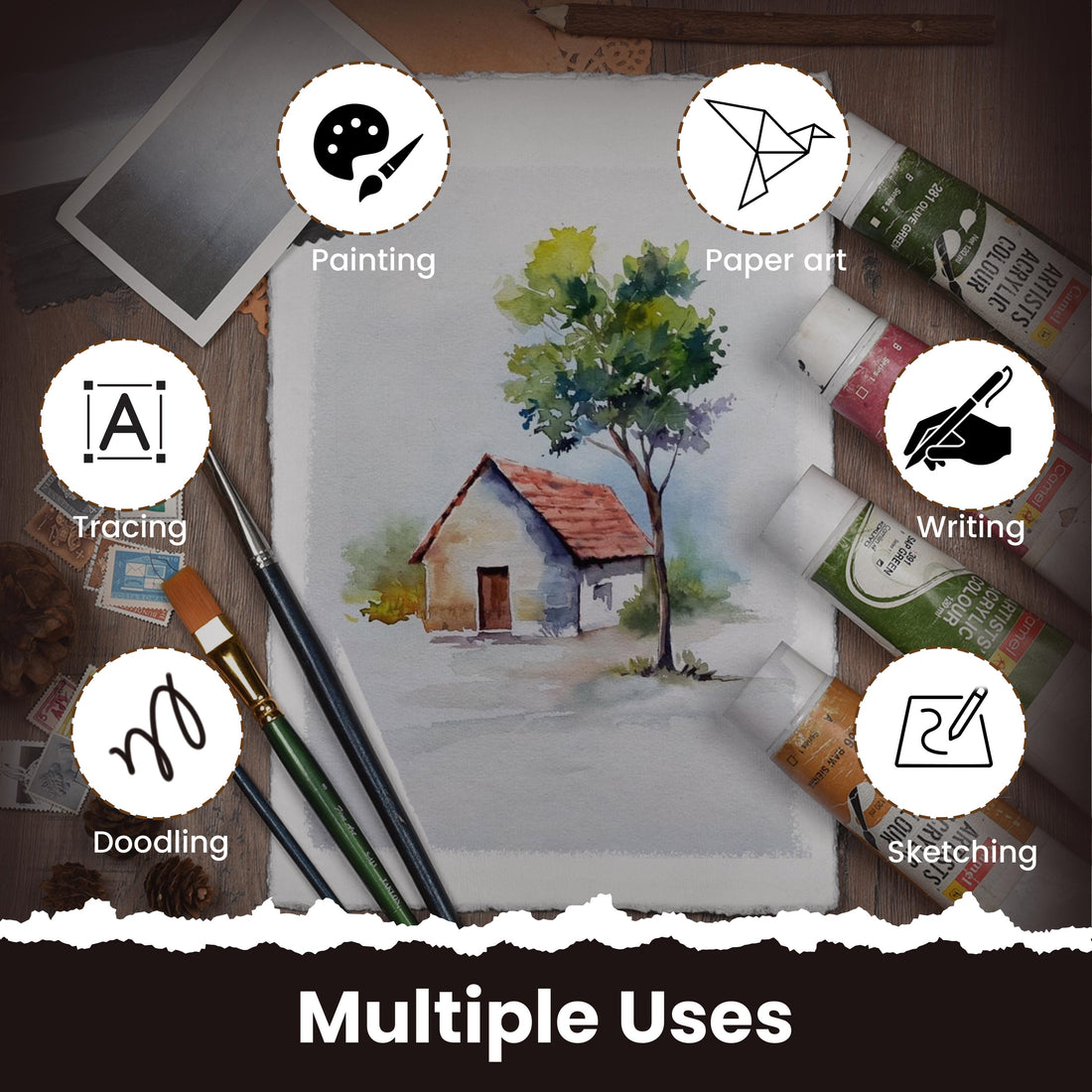 WATERCOLOR PAPER - 150 GSM THICK DECKLE EDGE PAPER - 50 SHEETS COTTON HANDMADE PAPER