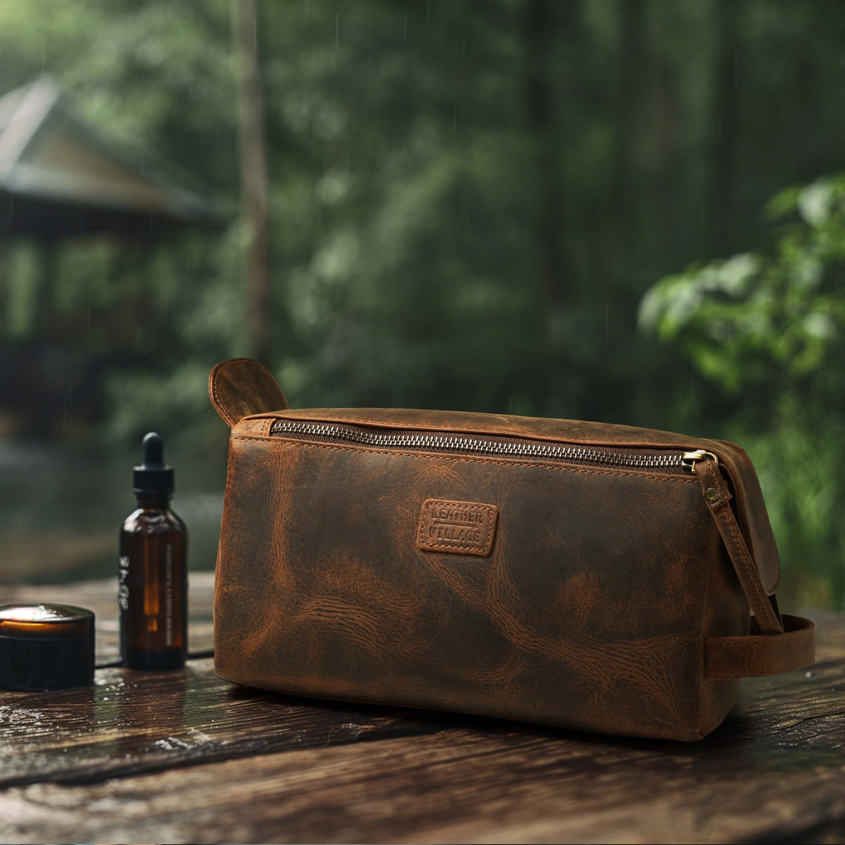 Leather Toiletry Bag – Rustic Brown – Travel Dopp Kit for Men & Women