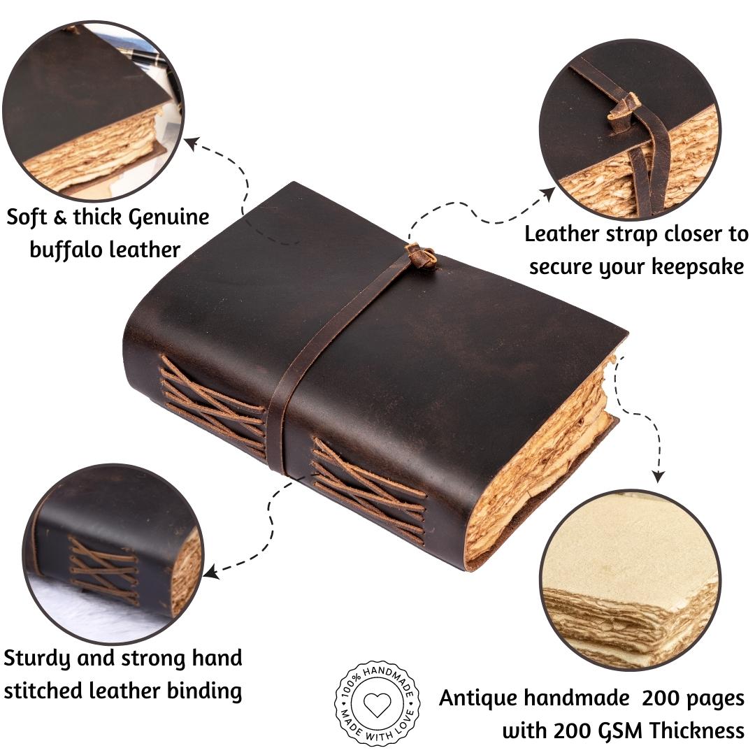 Leather Village chocolate brown antique leather bound journal descriptions