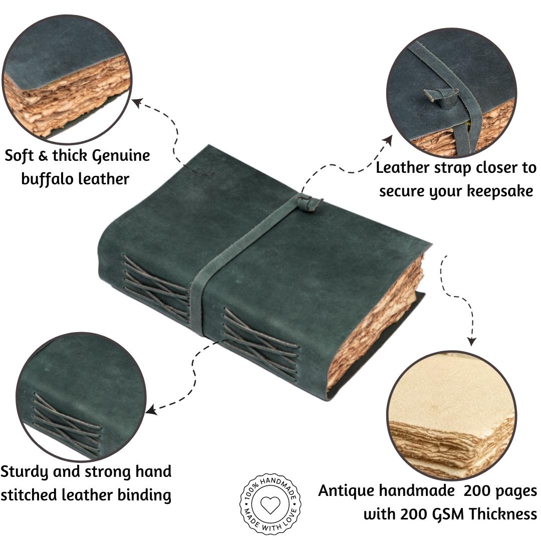 Leather Village aqua antique handmade leather bound journal description